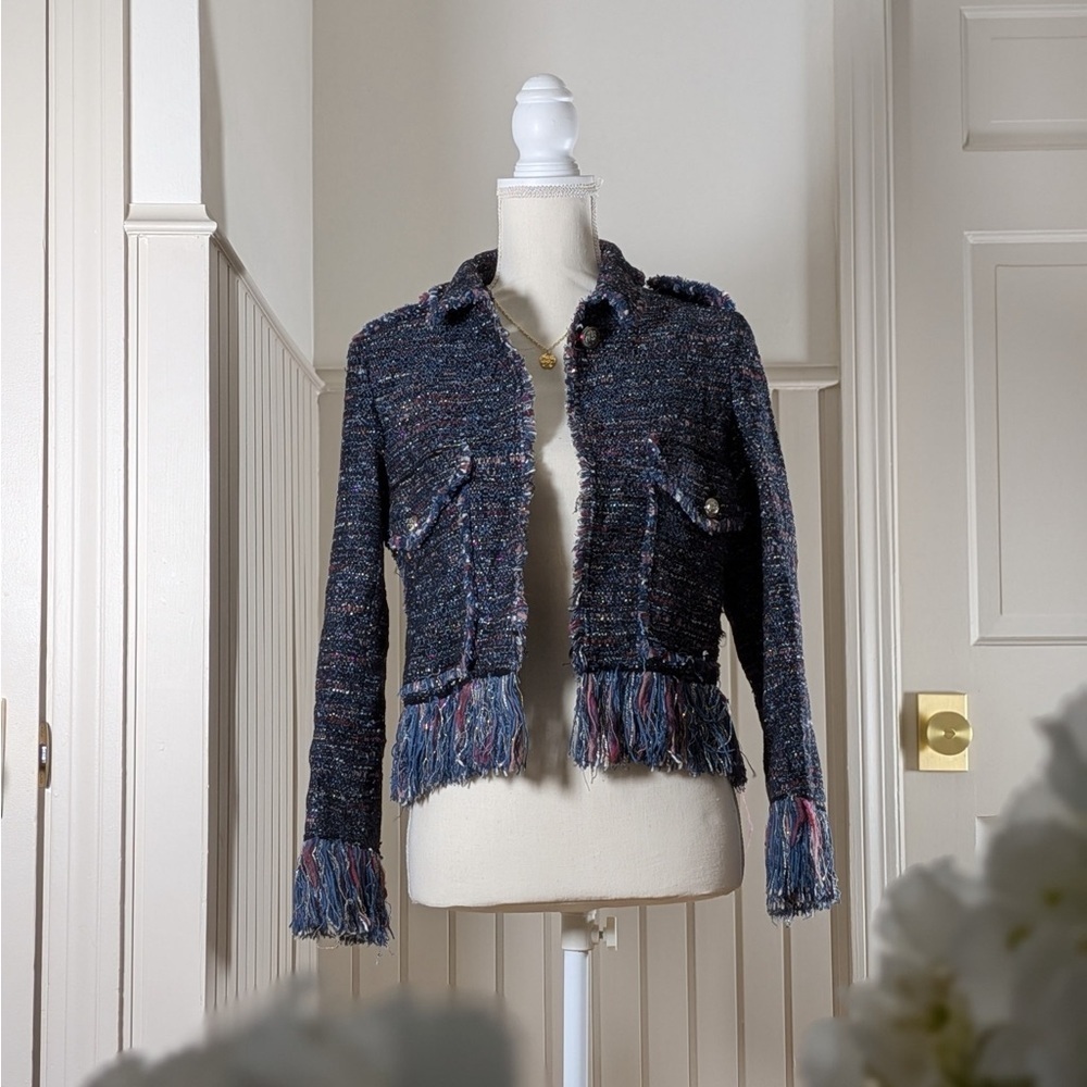 NWT Zara Navy Blue Tweed Cropped Jacket XS - Textured Fringe Blazer
